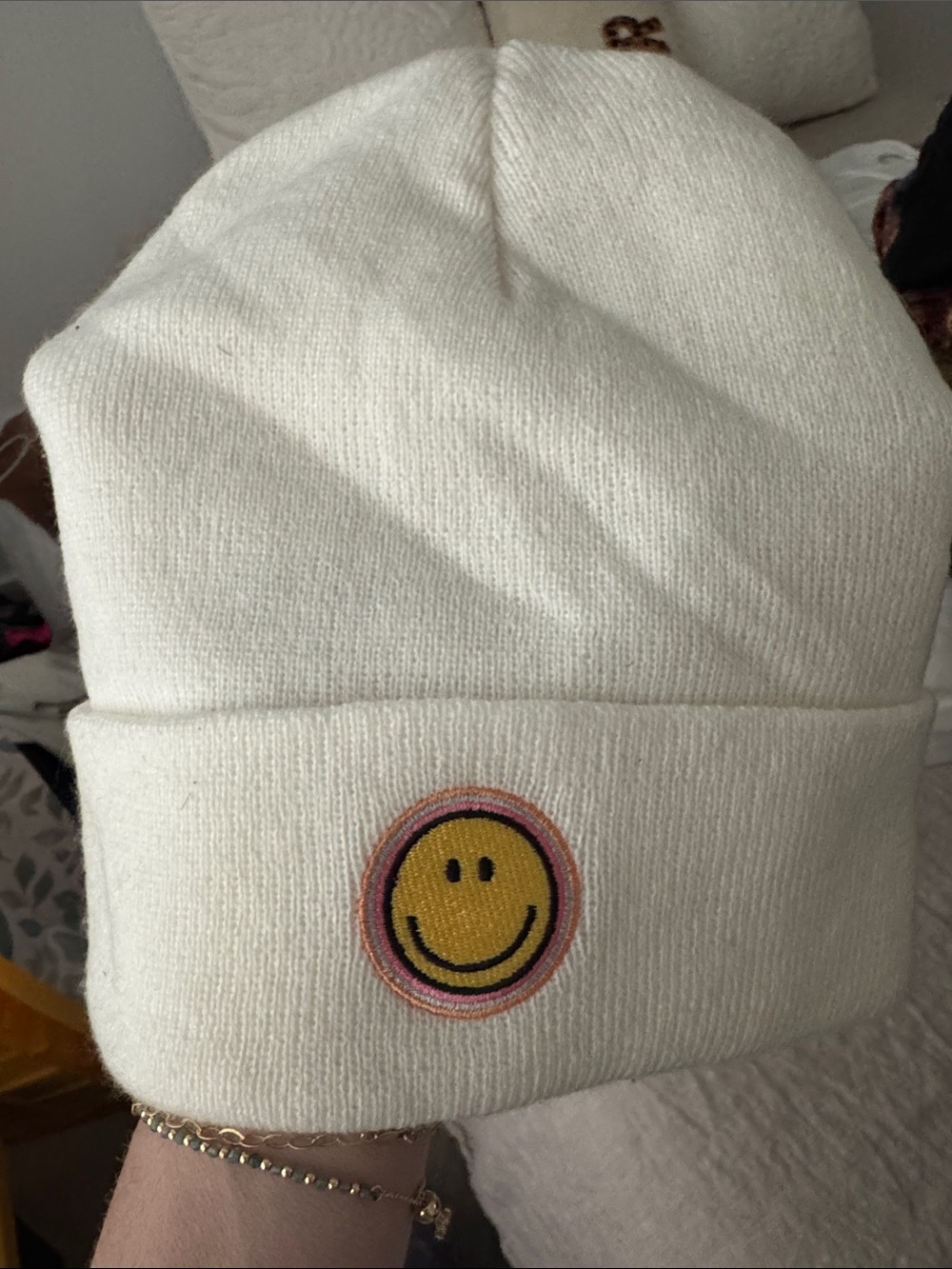 Kids Cream Knit Beanie with Smiley Patch